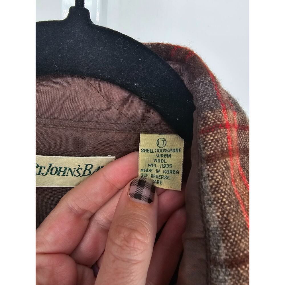 Vintage St Johns Bay Men Sz LT 100% Wool Button Up Shirt Shacket Brown Tan Plaid - Picture 4 of 6
